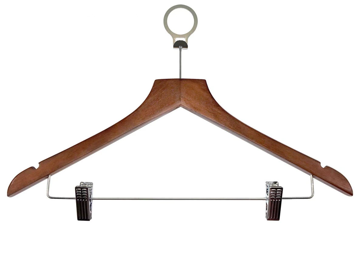 Holzkleiderbügel BASIC mit Klammern und Ring, dunkles Holz