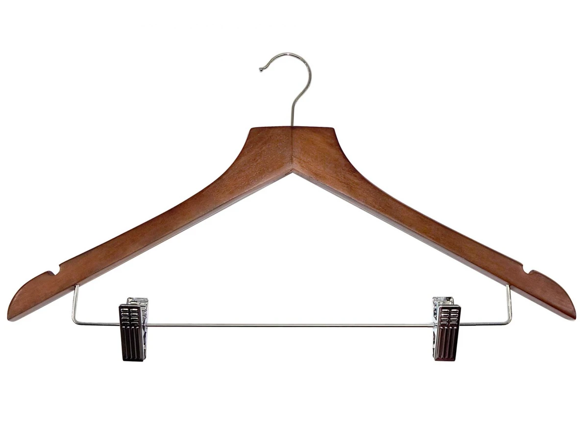 Holzkleiderbügel BASIC mit Hosenklammern und Haken, dunkles Holz