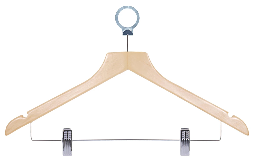 Holzkleiderbügel BASIC mit Clips und Ring, helles Holz