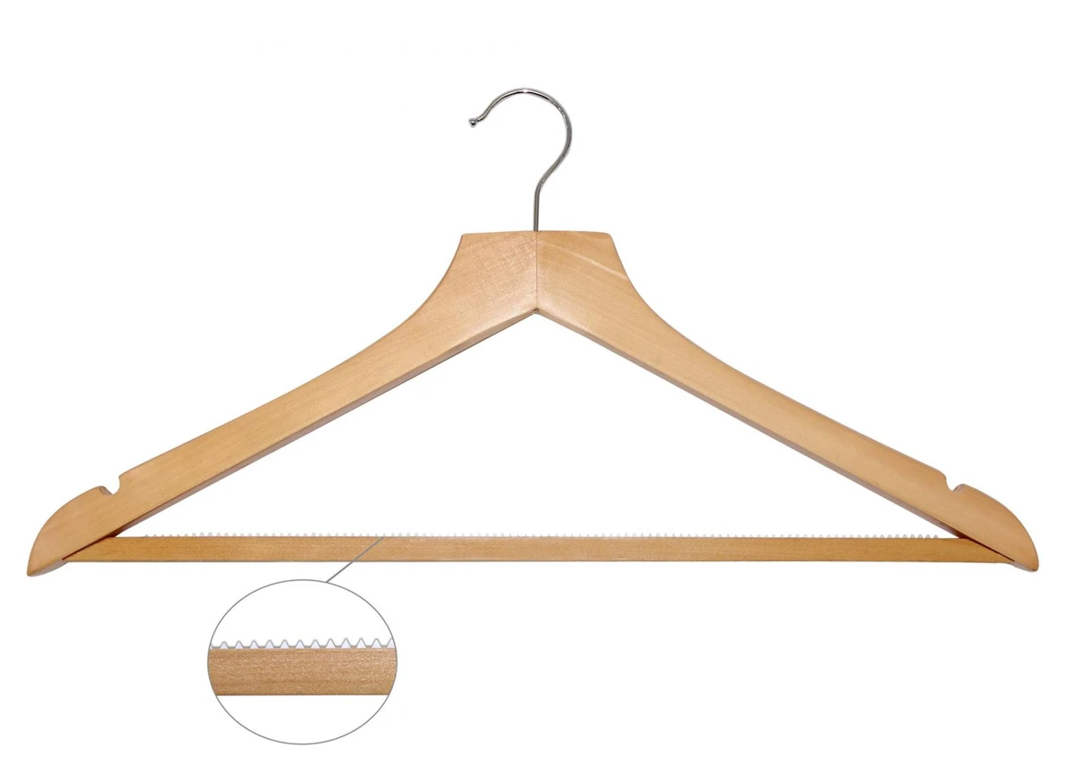 Holzkleiderbügel BASIC mit Hosenstange und Haken, helles Holz