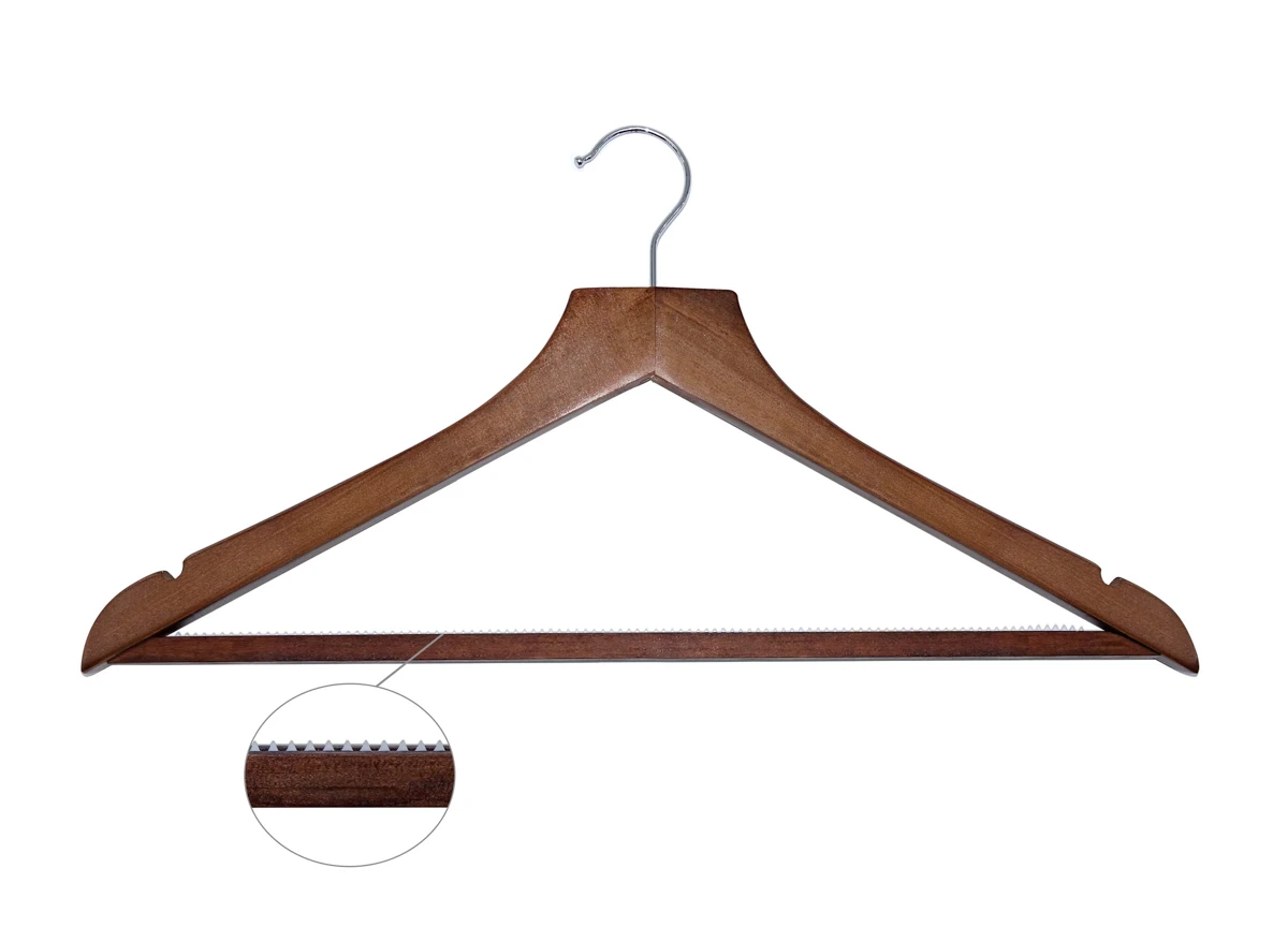Holzkleiderbügel BASIC mit Hosenstange und Haken, dunkles Holz