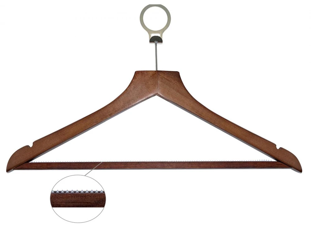 Holzkleiderbügel BASIC mit Hosenstange und Ring, dunkles Holz