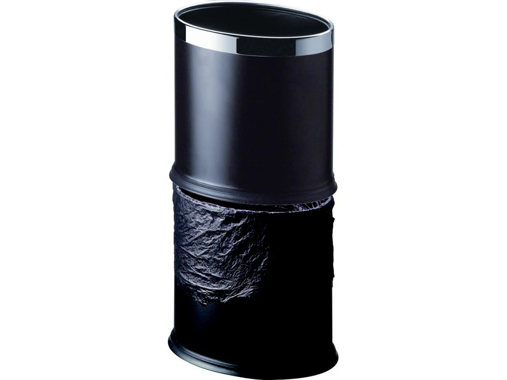 Doppellagiger Raumabfallbehälter, oval, schwarzes Leder/Edelstahlrahmen, 8 l